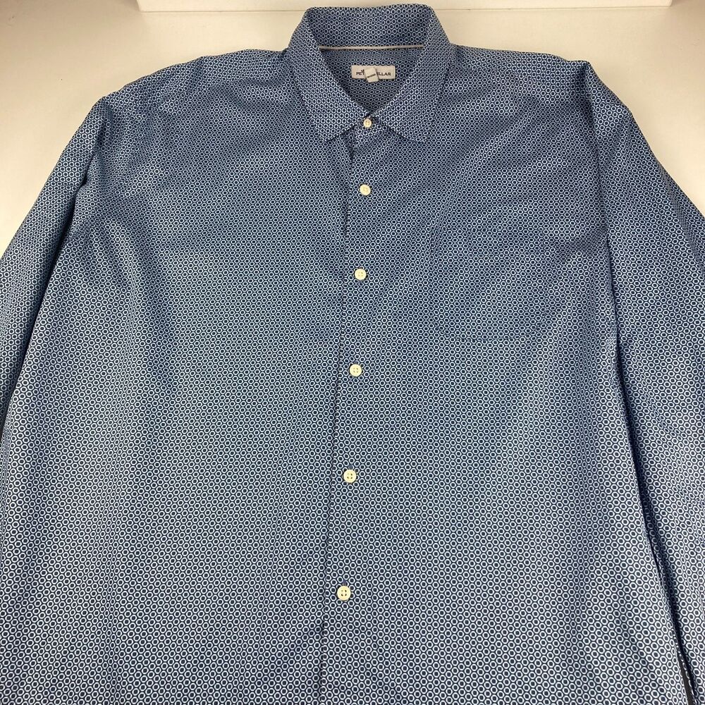 Peter Millar Mens XXL Blue Geometric Microprint Cotton Sport Shirt Button Up